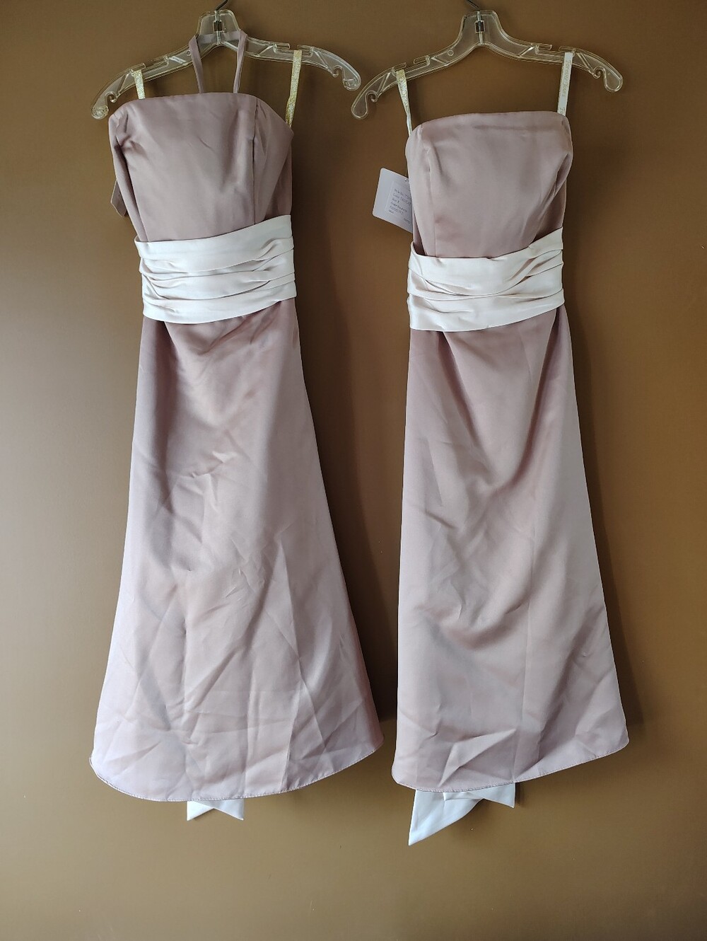 Elegant Blush Strapless A-Line Dress with Ivory Waist Sash Double Bridesmaid
